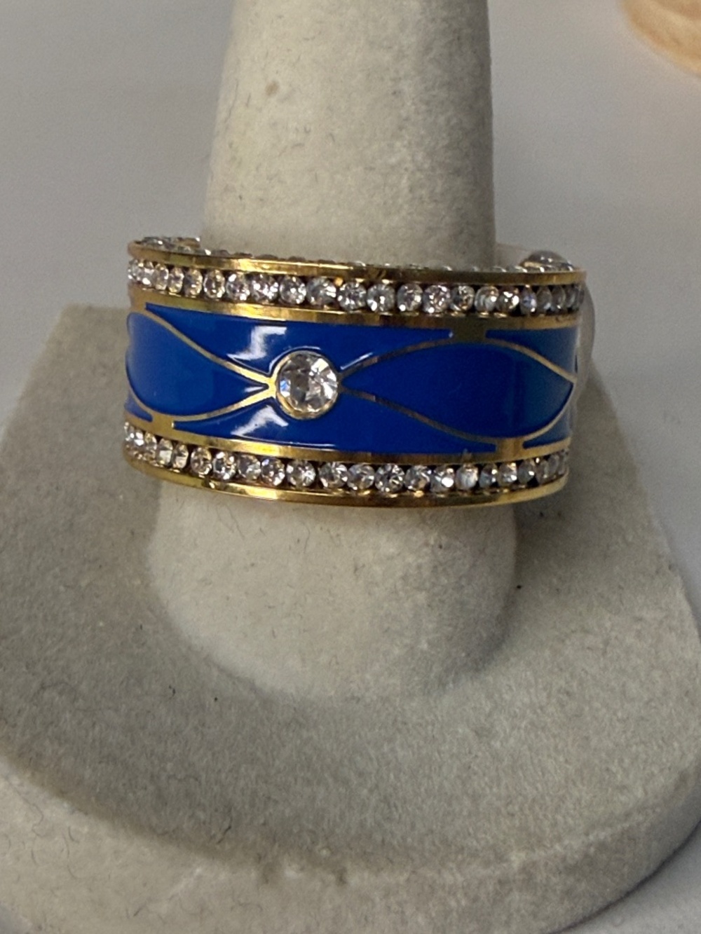 Stamped Gold-Tone Blue Enamel Crystal Statement Ring Size 9